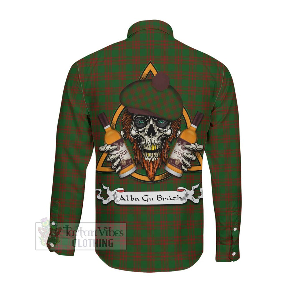 Tartan Vibes Clothing Menzies Tartan Long Sleeve Button Shirt with Family Crest and Bearded Skull Holding Bottles of Whiskey