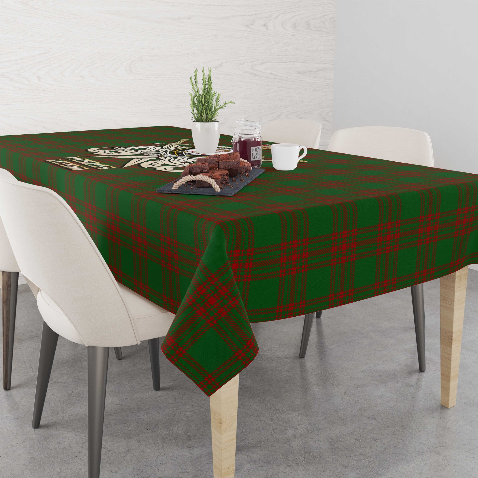 Tartan Vibes Clothing Menzies Tartan Tablecloth with Clan Crest and the Golden Sword of Courageous Legacy