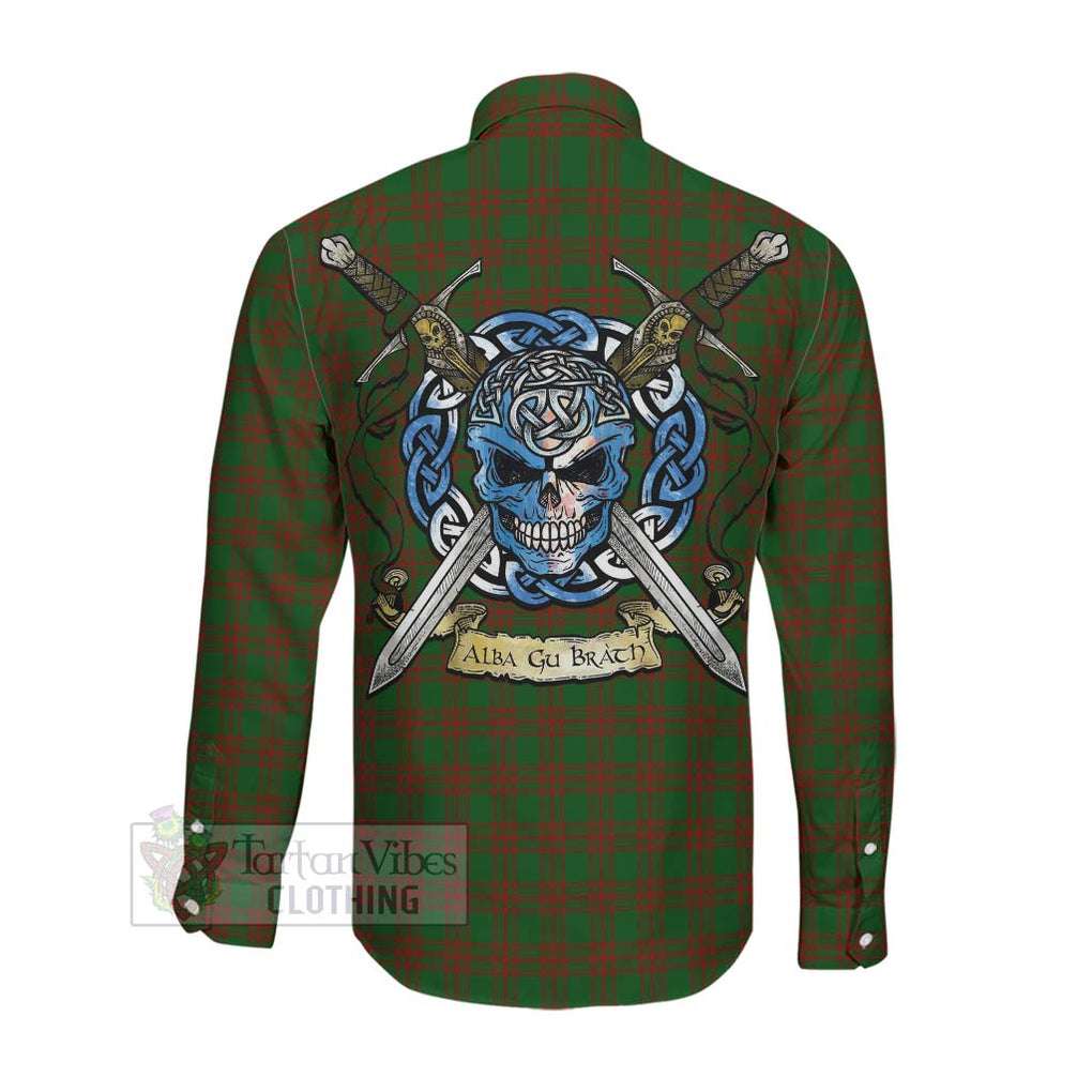 Tartan Vibes Clothing Menzies Tartan Long Sleeve Button Shirt with Family Crest Celtic Skull Style