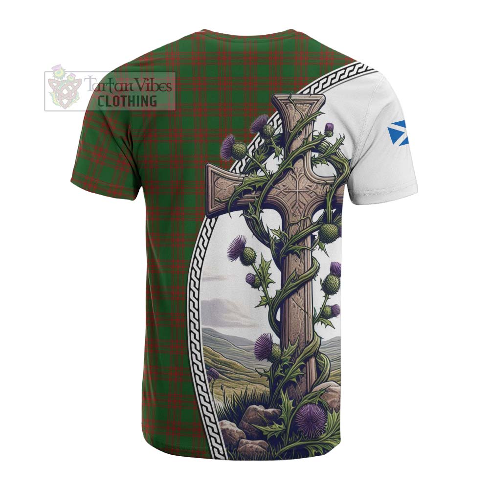 Tartan Vibes Clothing Menzies Tartan Cotton T-shirt with Family Crest and St. Andrew's Cross Accented by Thistle Vines