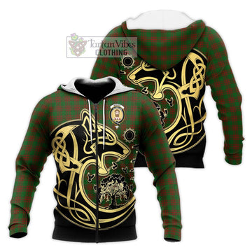 Menzies Tartan Knitted Hoodie with Family Crest Celtic Wolf Style