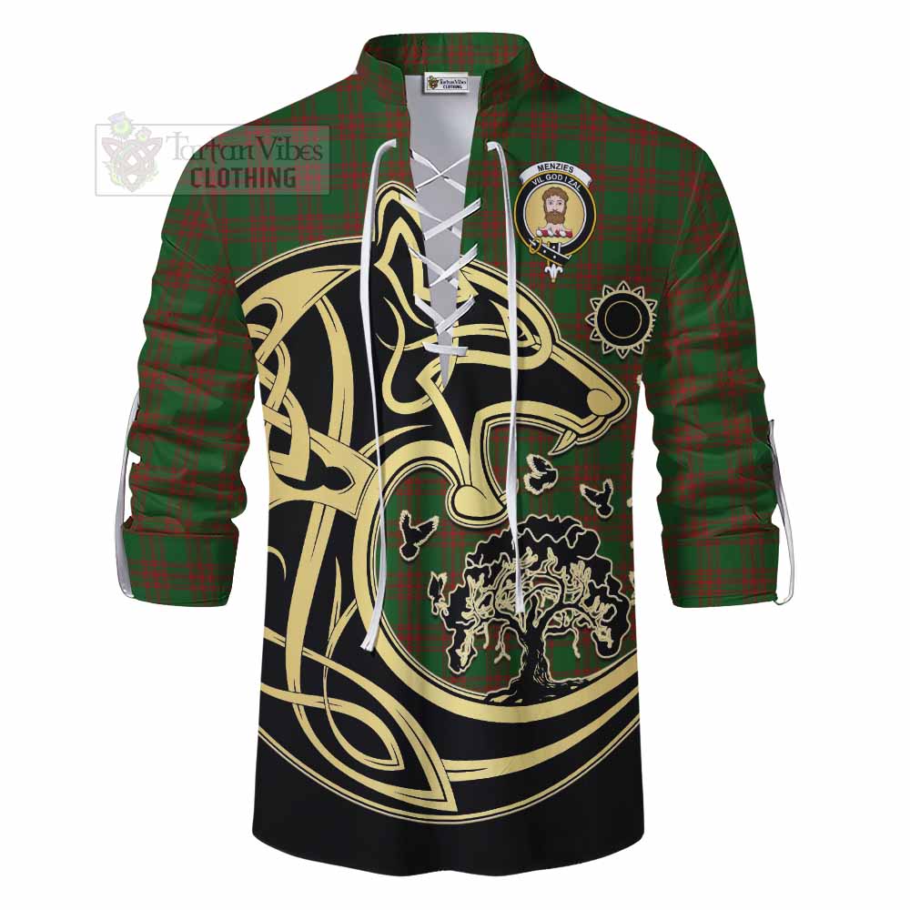 Tartan Vibes Clothing Menzies Tartan Ghillie Kilt Shirt with Family Crest Celtic Wolf Style