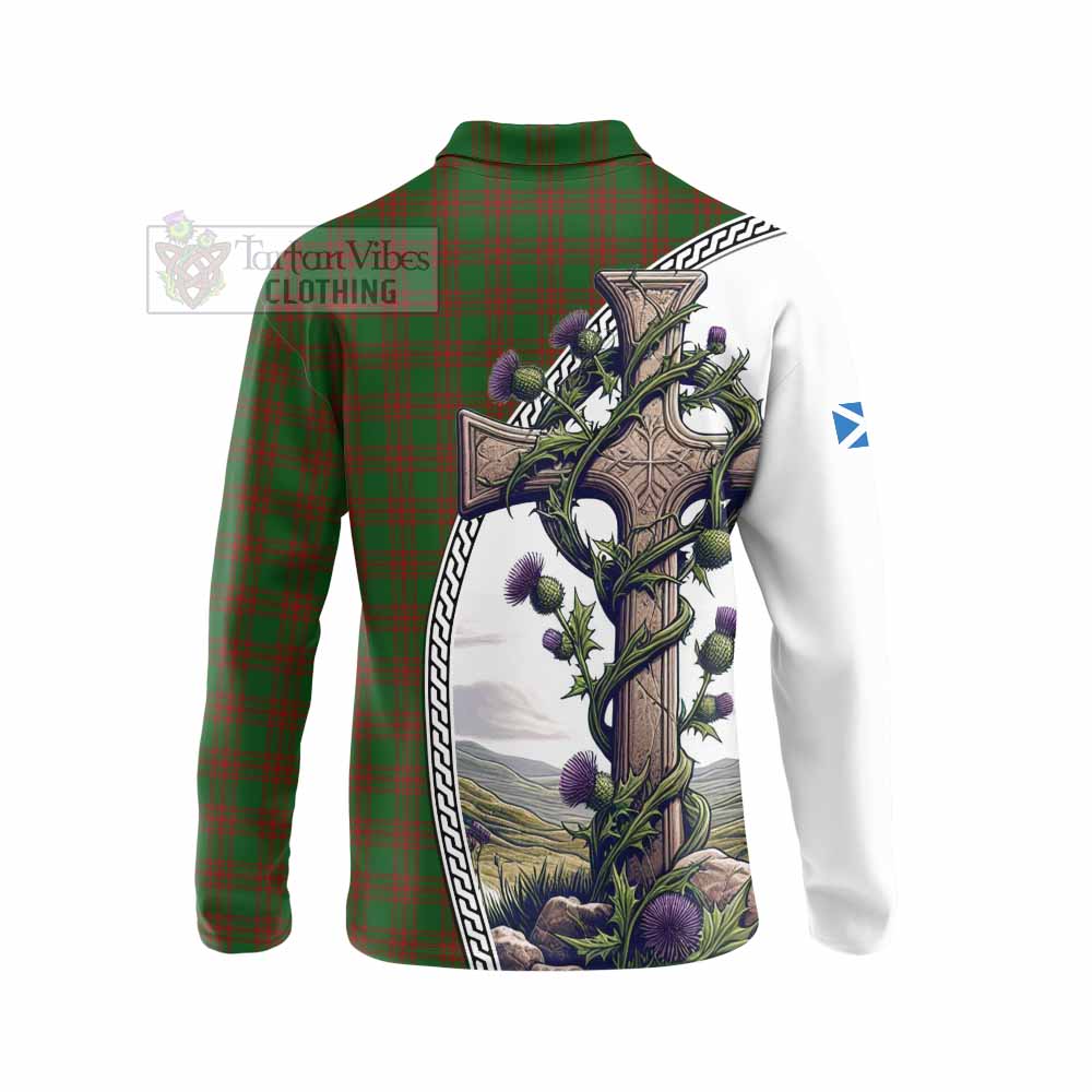 Tartan Vibes Clothing Menzies Tartan Long Sleeve Polo Shirt with Family Crest and St. Andrew's Cross Accented by Thistle Vines