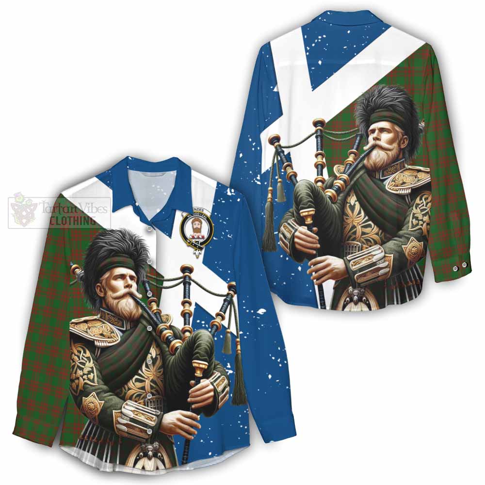 Tartan Vibes Clothing Menzies Tartan Women's Casual Shirt with Family Crest Scottish Bagpiper Vibes