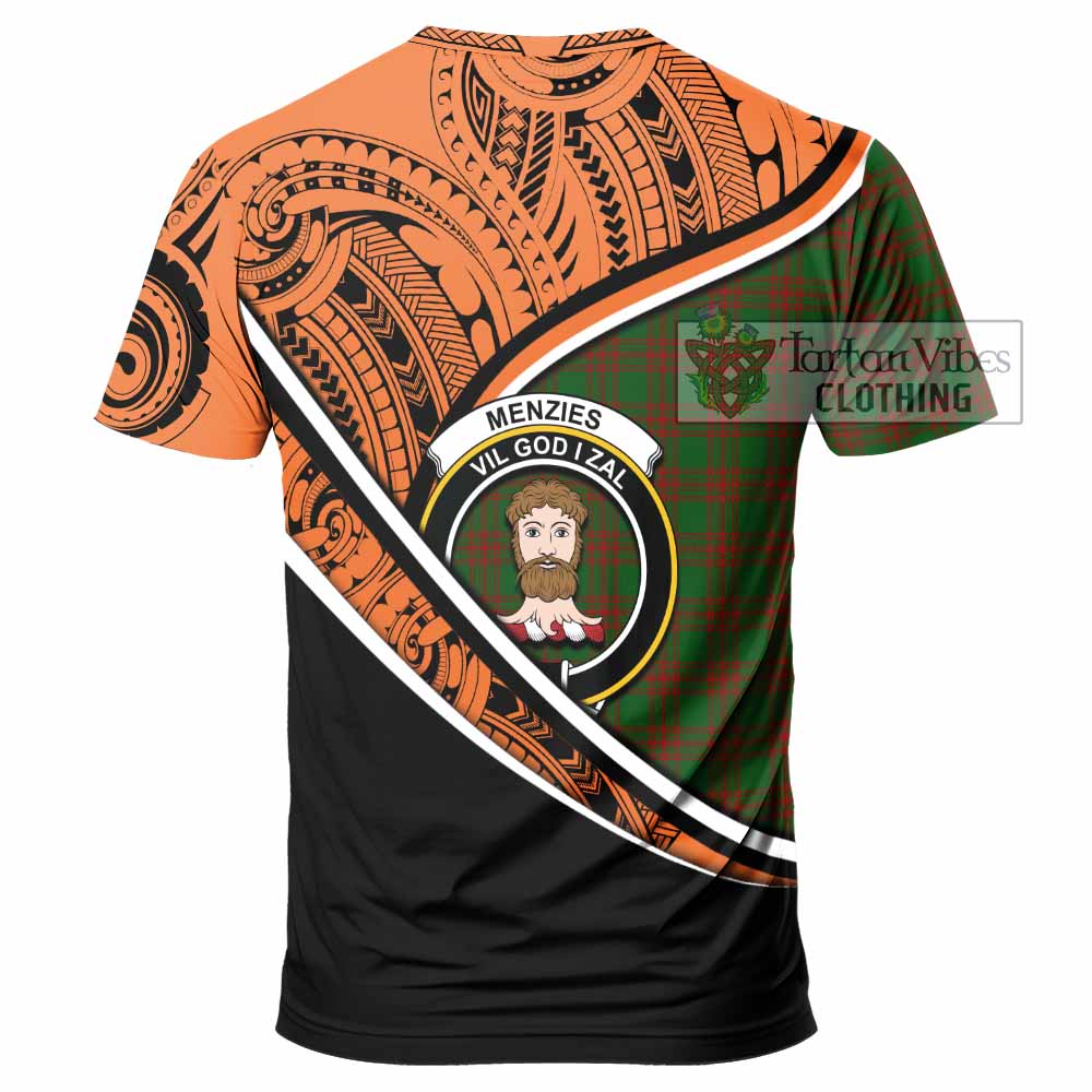 Tartan Vibes Clothing Menzies Crest Tartan T-Shirt with Maori Tattoo Style - Orange Version