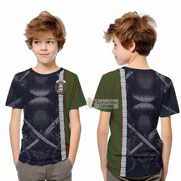 Menzies Tartan Kid T-Shirt with Family Crest Cross Sword Thistle Celtic Vibes - Tartan Vibes Clothing