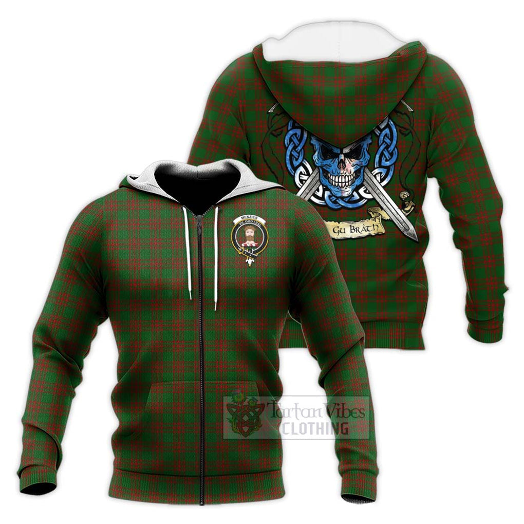 Tartan Vibes Clothing Menzies Tartan Knitted Hoodie with Family Crest Celtic Skull Style