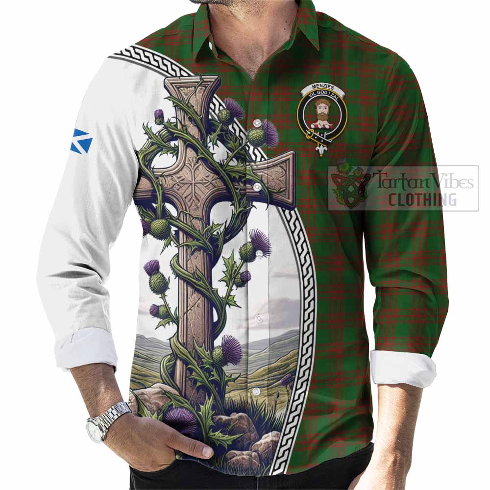 Tartan Vibes Clothing Menzies Tartan Long Sleeve Button Shirt with Family Crest and St. Andrew's Cross Accented by Thistle Vines