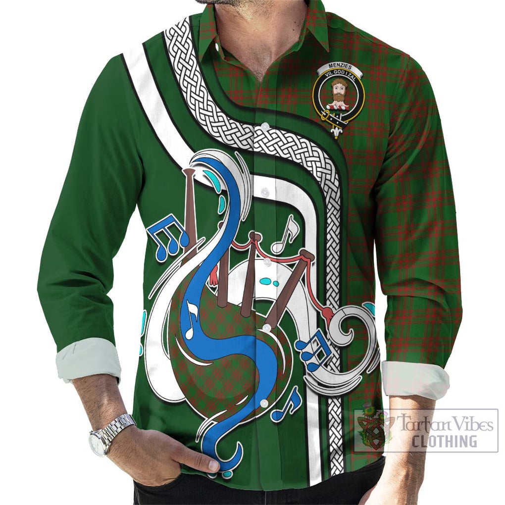 Menzies Tartan Long Sleeve Button Shirt with Epic Bagpipe Style - Tartanvibesclothing Shop