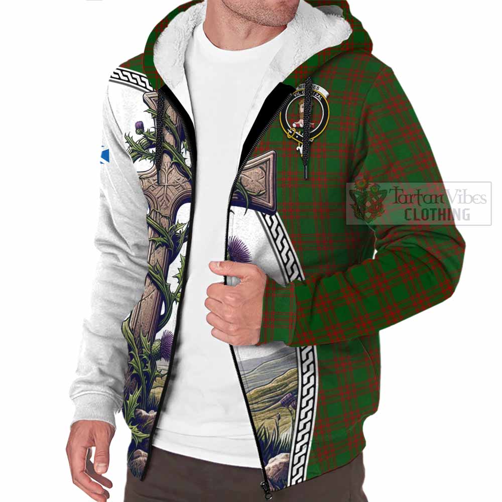 Tartan Vibes Clothing Menzies Tartan Sherpa Hoodie with Family Crest and St. Andrew's Cross Accented by Thistle Vines