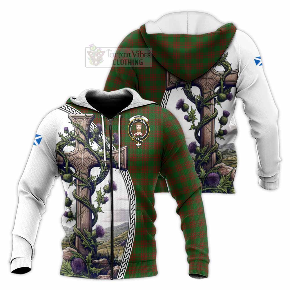 Tartan Vibes Clothing Menzies Tartan Knitted Hoodie with Family Crest and St. Andrew's Cross Accented by Thistle Vines