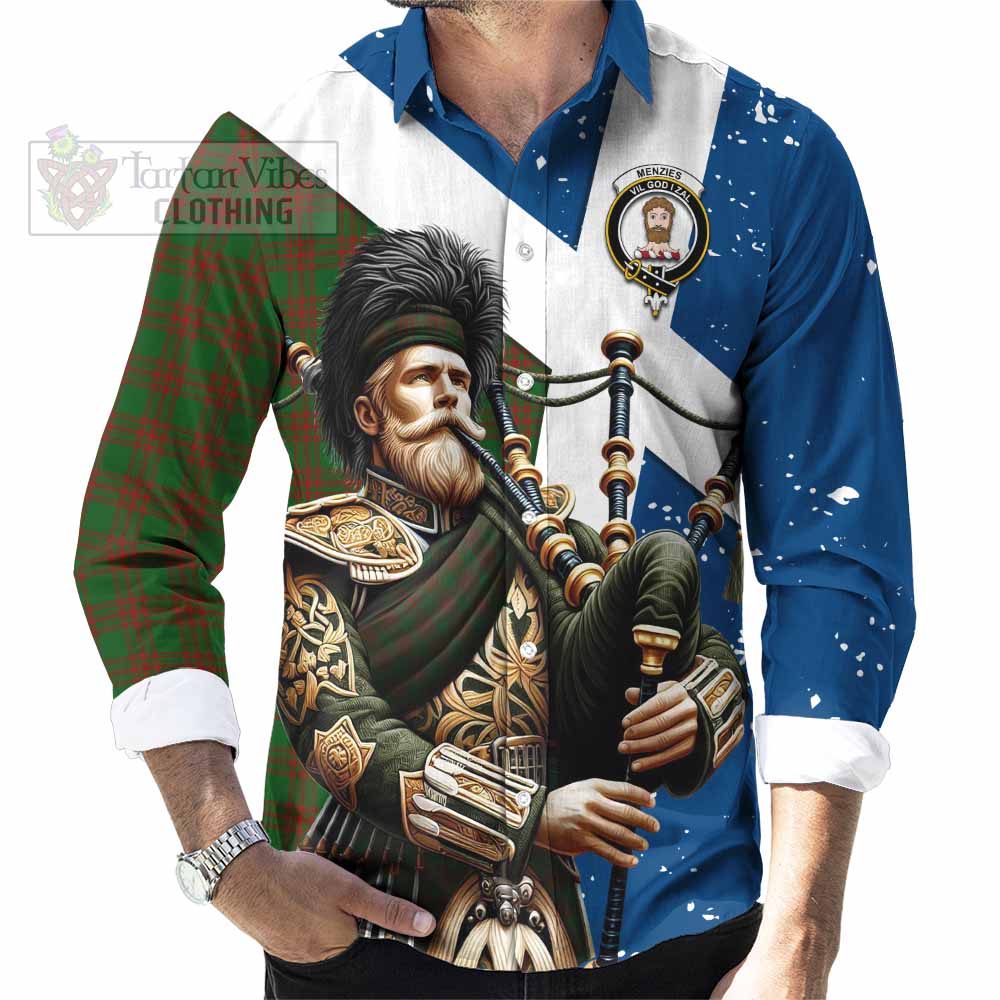 Tartan Vibes Clothing Menzies Tartan Long Sleeve Button Shirt with Family Crest Scottish Bagpiper Vibes