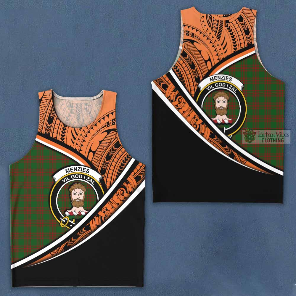 Tartan Vibes Clothing Menzies Crest Tartan Men's Tank Top with Maori Tattoo Style - Orange Version