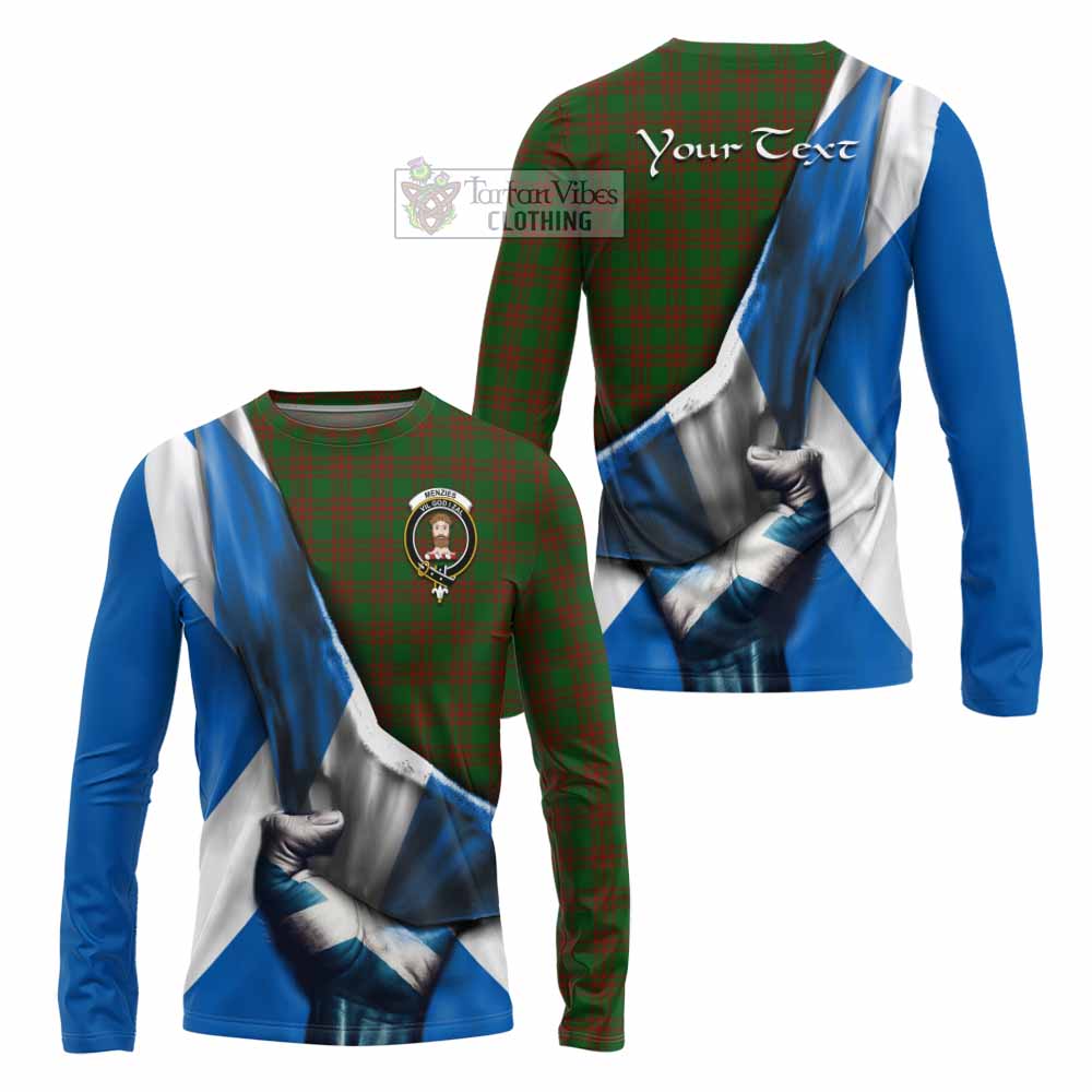 Tartan Vibes Clothing Menzies Tartan Long Sleeve T-Shirt with Family Crest Scotland Patriotic Style