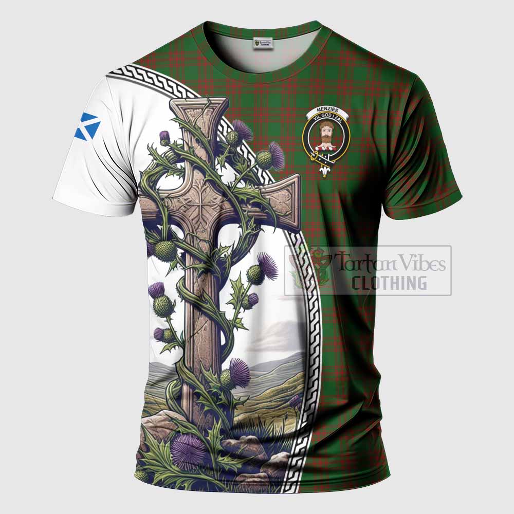 Tartan Vibes Clothing Menzies Agnew Tartan T-Shirt with Family Crest and St. Andrew's Cross Accented by Thistle Vines