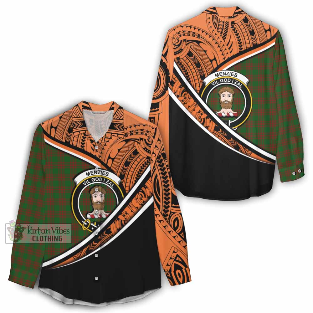 Tartan Vibes Clothing Menzies Crest Tartan Women's Casual Shirt with Maori Tattoo Style - Orange Version