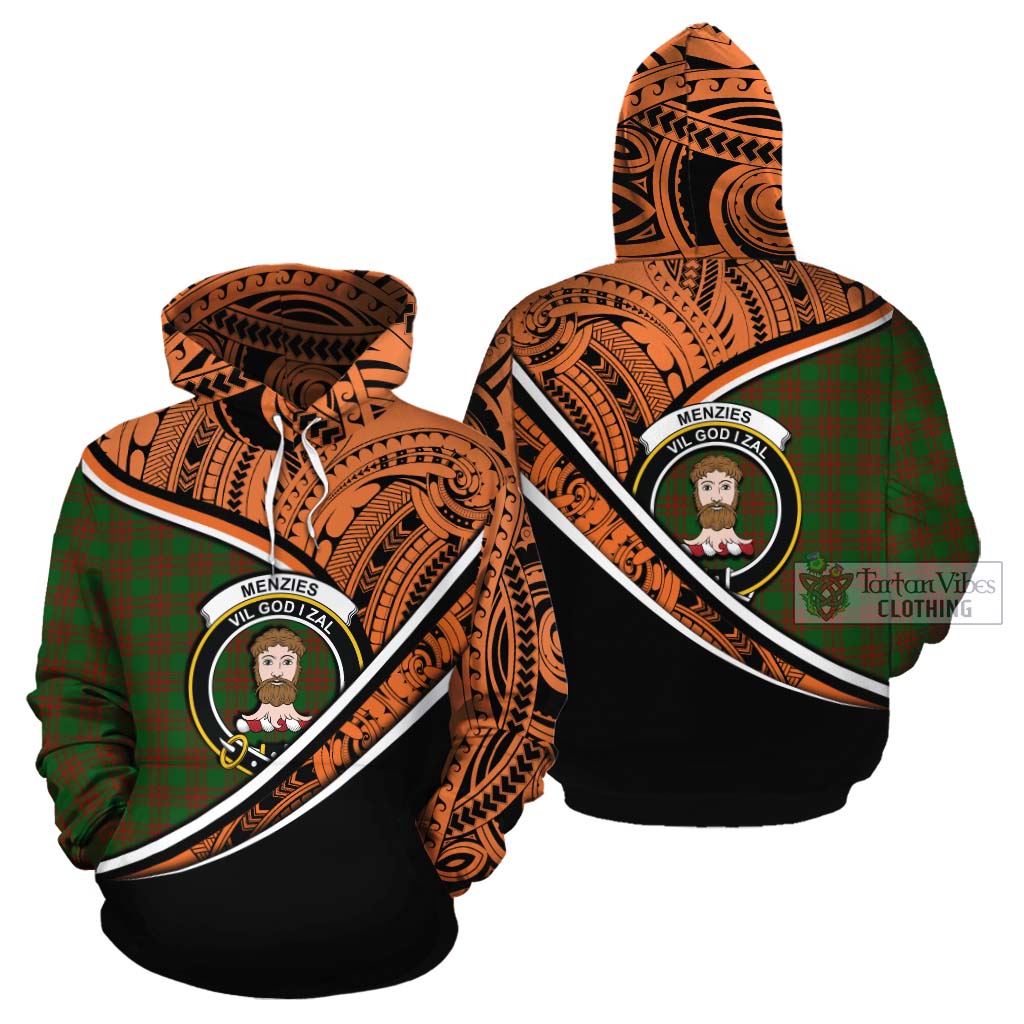 Tartan Vibes Clothing Menzies Crest Tartan Cotton Hoodie with Maori Tattoo Style - Orange Version