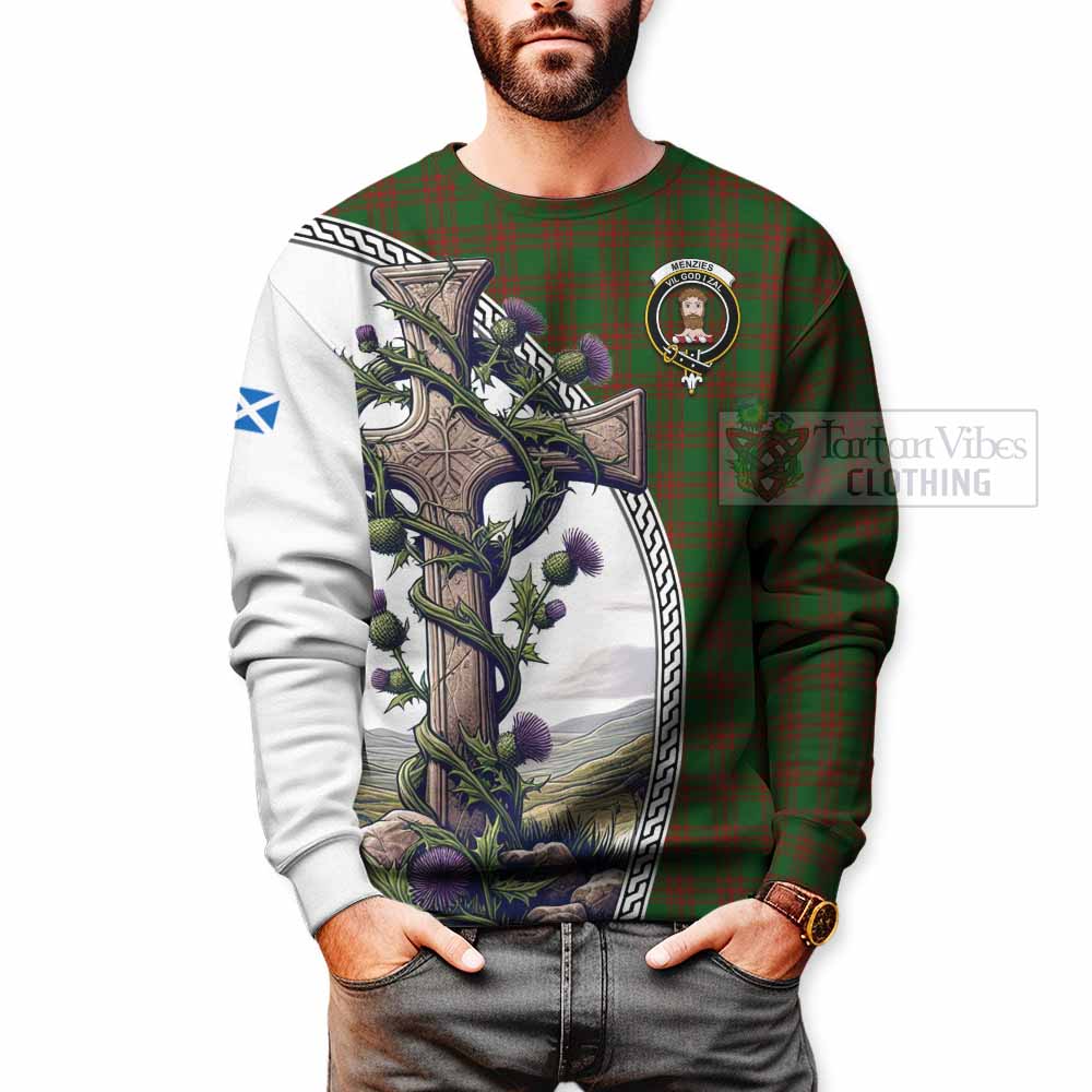 Tartan Vibes Clothing Menzies Tartan Sweatshirt with Family Crest and St. Andrew's Cross Accented by Thistle Vines