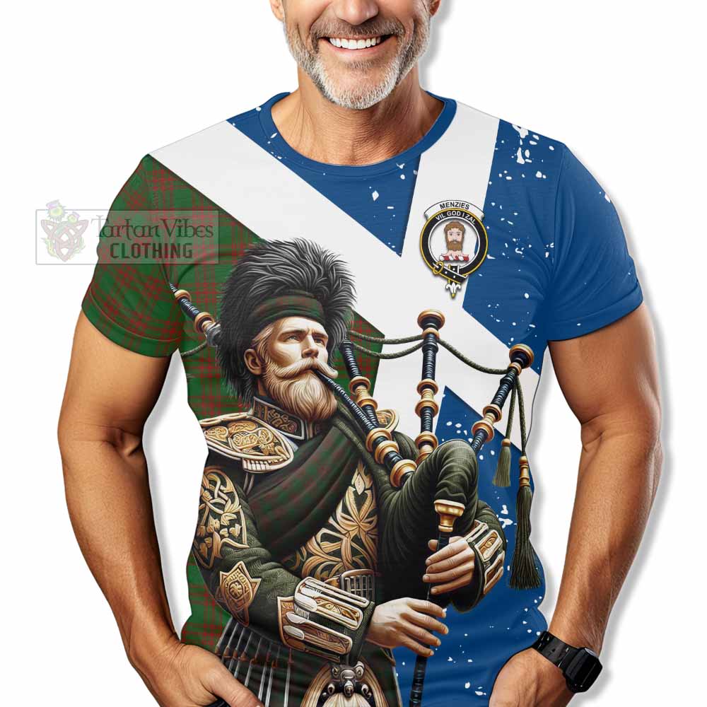 Tartan Vibes Clothing Menzies Tartan T-Shirt with Family Crest Scottish Bagpiper Vibes