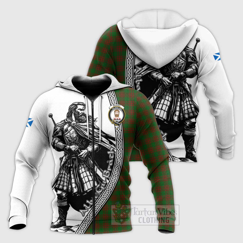 Tartan Vibes Clothing Menzies Tartan Clan Crest Knitted Hoodie with Highlander Warrior Celtic Style