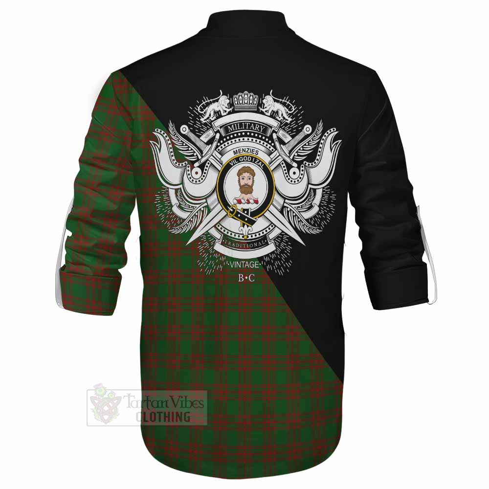 Tartan Vibes Clothing Menzies Tartan Ghillie Kilt Shirt with Family Crest and Military Logo Style