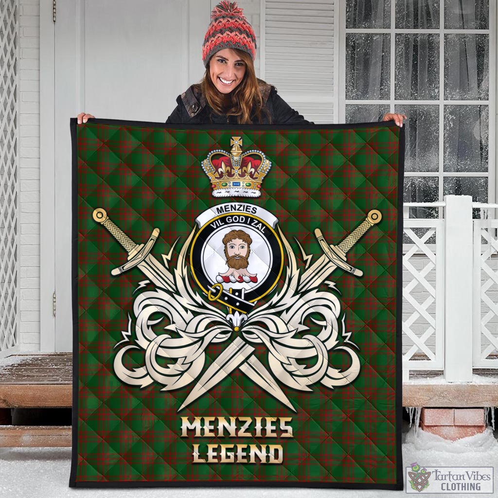 Tartan Vibes Clothing Menzies Tartan Quilt with Clan Crest and the Golden Sword of Courageous Legacy