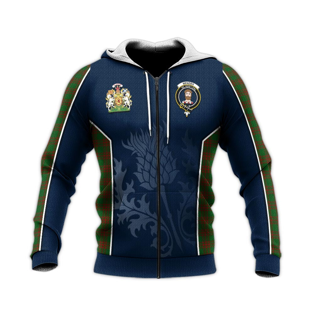 Tartan Vibes Clothing Menzies Tartan Knitted Hoodie with Family Crest and Scottish Thistle Vibes Sport Style