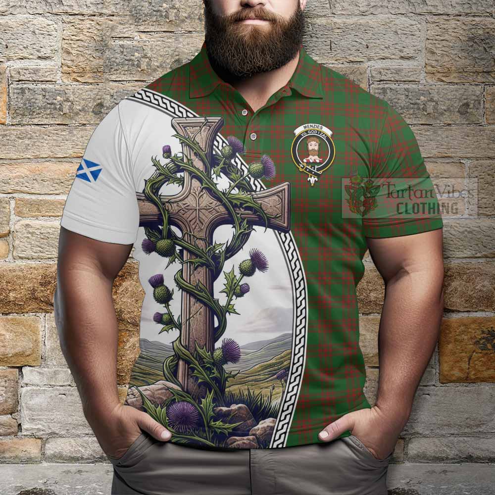 Tartan Vibes Clothing Menzies Tartan Polo Shirt with Family Crest and St. Andrew's Cross Accented by Thistle Vines