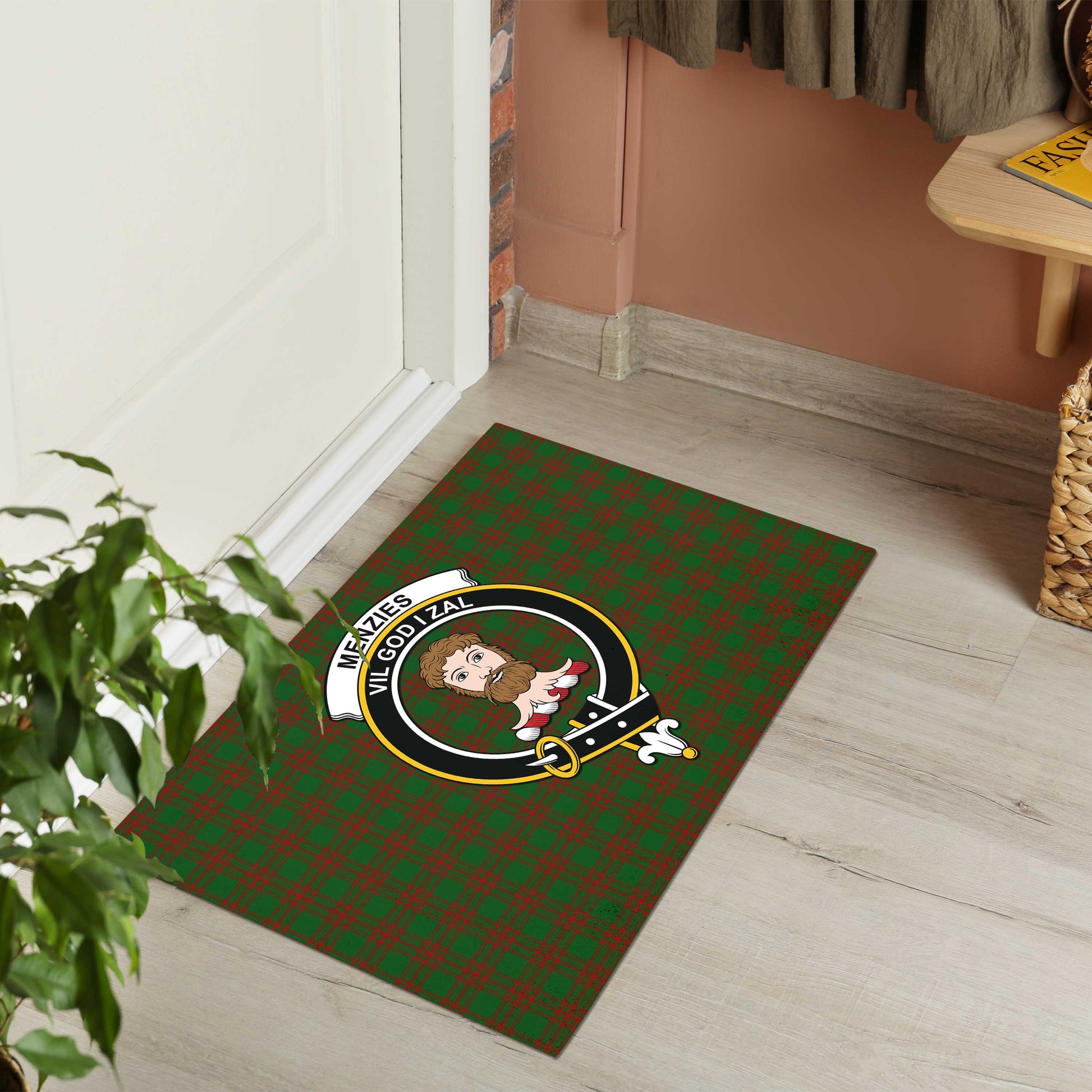 Menzies Tartan Door Mat with Family Crest - Tartanvibesclothing