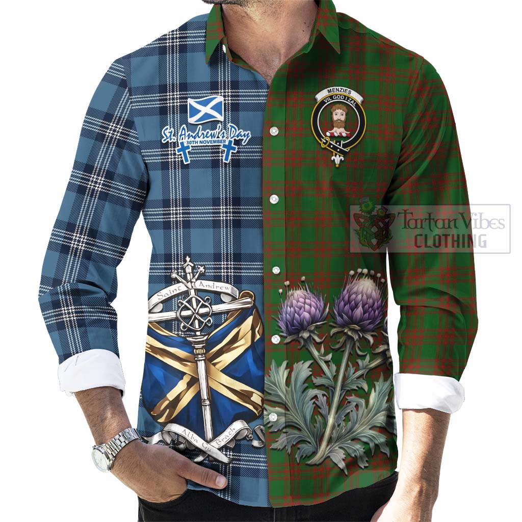 Tartan Vibes Clothing Menzies Tartan Long Sleeve Button Shirt Happy St. Andrew's Day Half Tartan Style