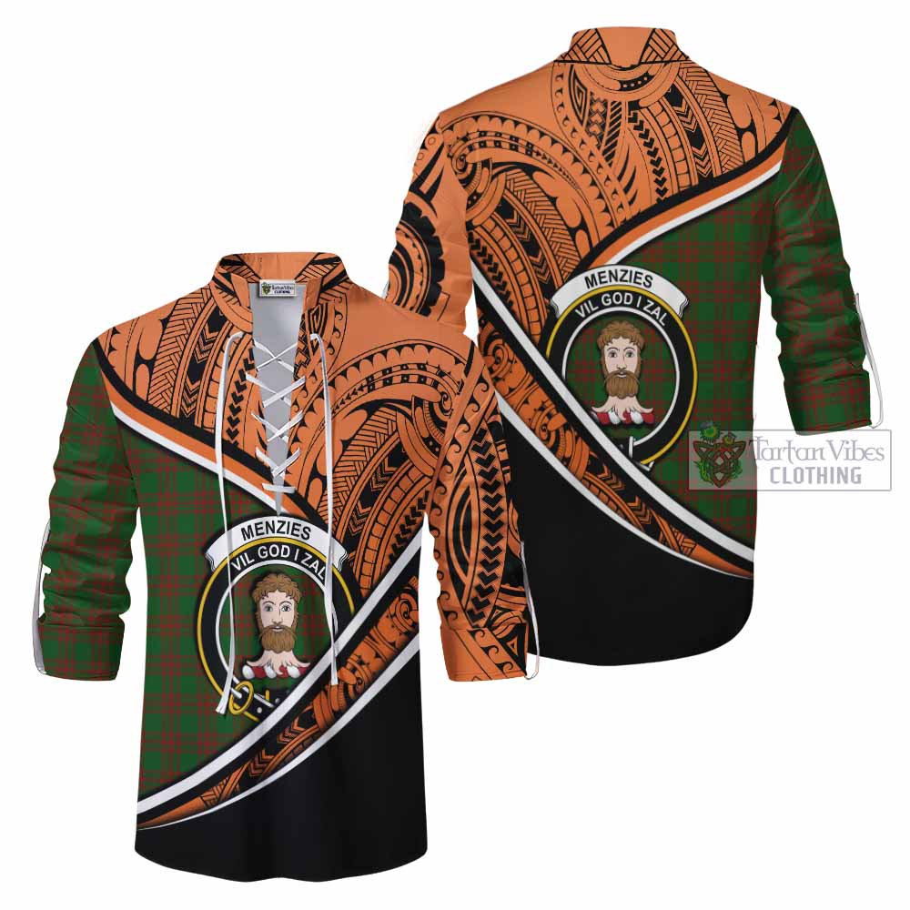 Tartan Vibes Clothing Menzies Crest Tartan Ghillie Kilt Shirt with Maori Tattoo Style - Orange Version