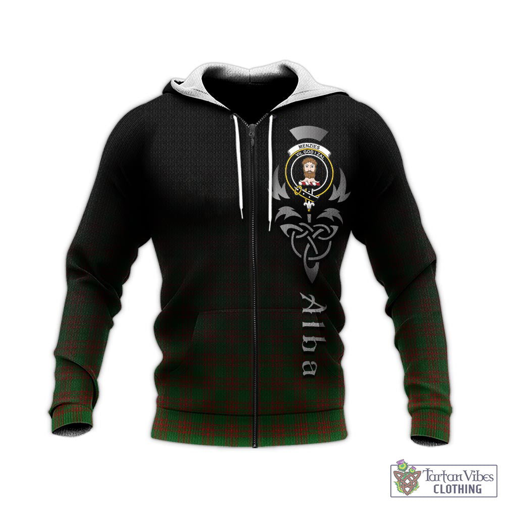 Tartan Vibes Clothing Menzies Tartan Knitted Hoodie Featuring Alba Gu Brath Family Crest Celtic Inspired