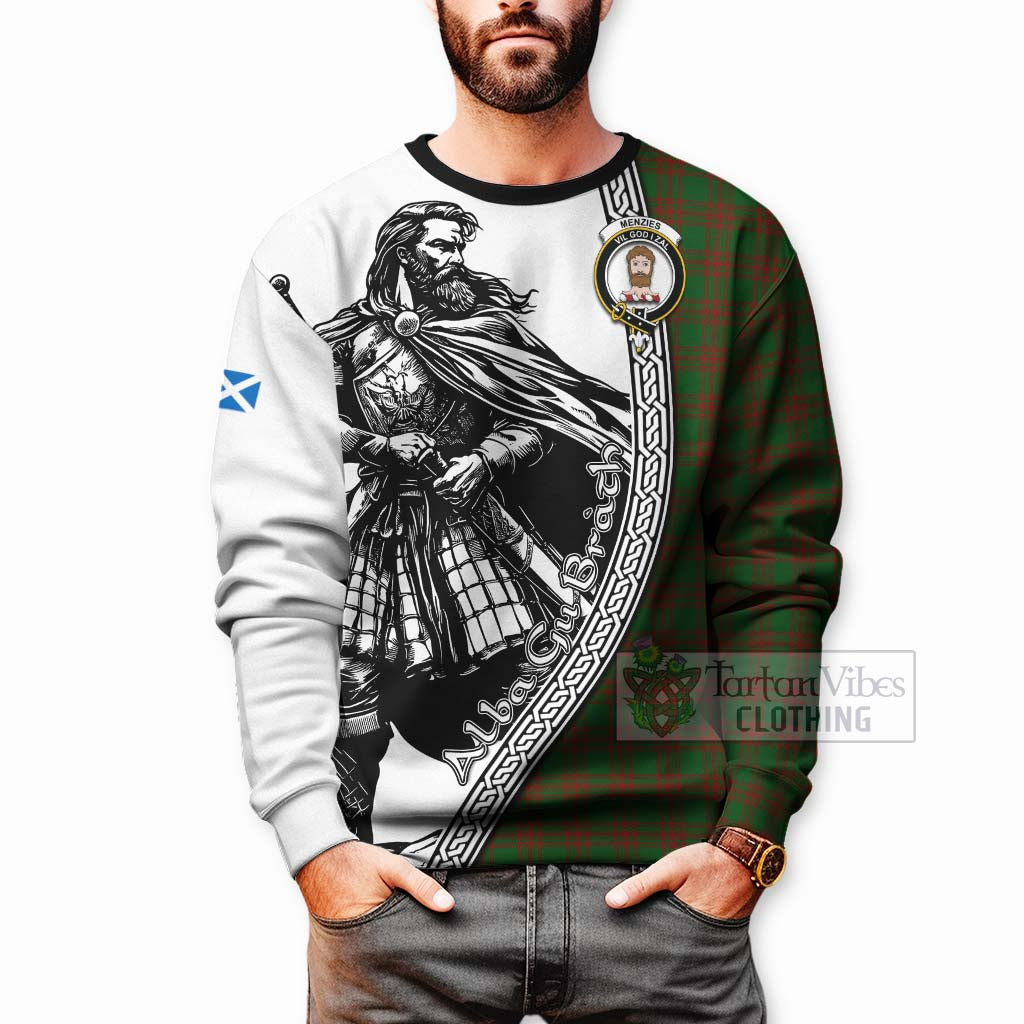 Tartan Vibes Clothing Menzies Tartan Clan Crest Sweatshirt with Highlander Warrior Celtic Style