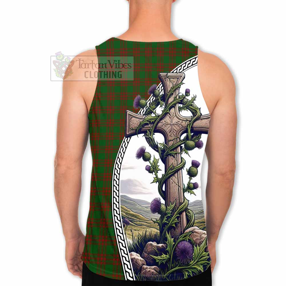 Tartan Vibes Clothing Menzies Tartan Men's Tank Top with Family Crest and St. Andrew's Cross Accented by Thistle Vines