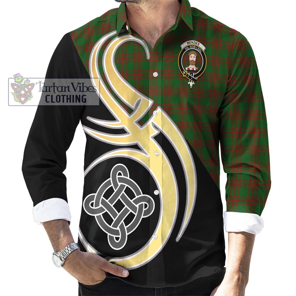 Menzies Tartan Long Sleeve Button Shirt with Family Crest and Celtic Symbol Style - Tartan Vibes Clothing