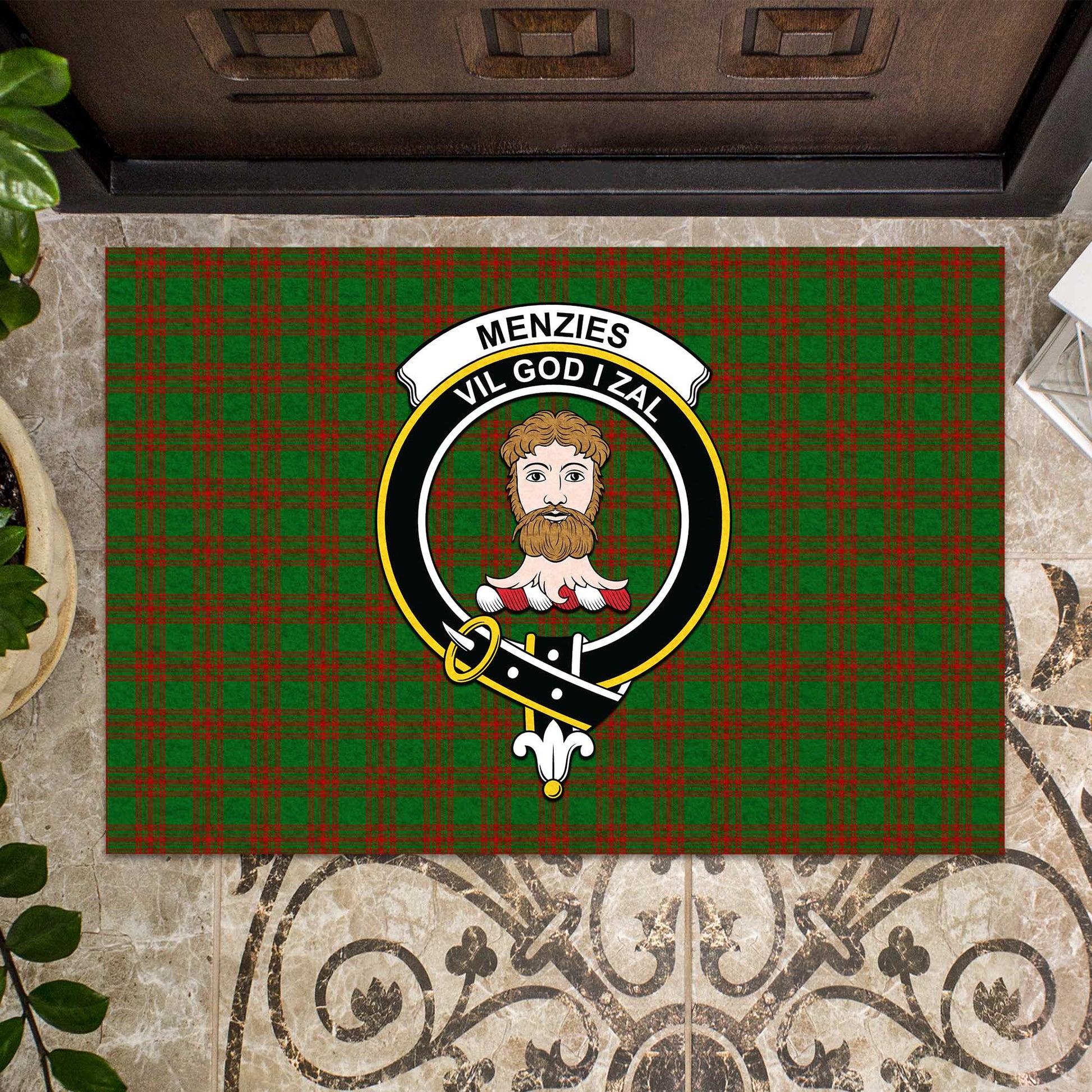 Menzies Tartan Door Mat with Family Crest - Tartanvibesclothing