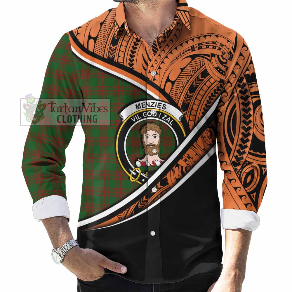 Tartan Vibes Clothing Menzies Crest Tartan Long Sleeve Button Shirt with Maori Tattoo Style - Orange Version