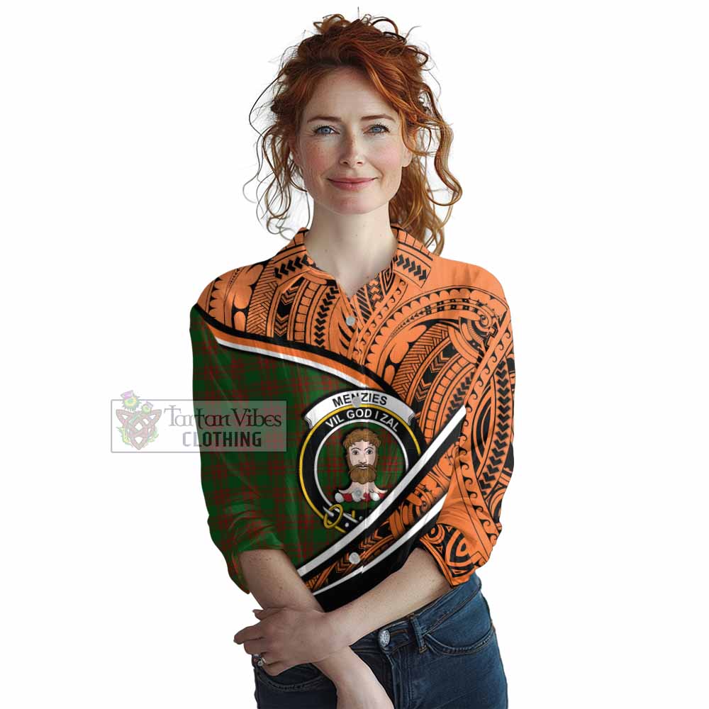 Tartan Vibes Clothing Menzies Crest Tartan Women's Casual Shirt with Maori Tattoo Style - Orange Version