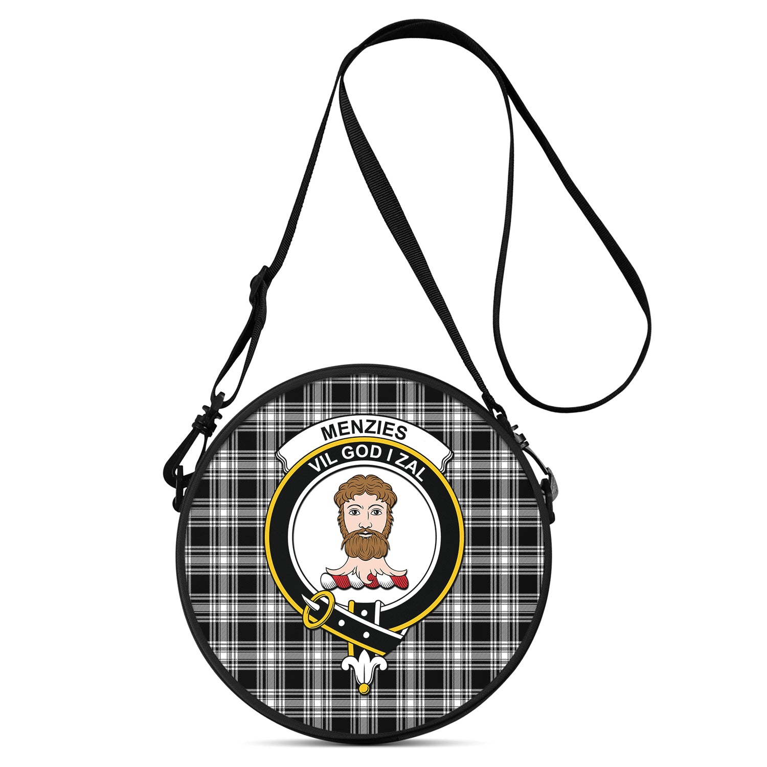 menzies-black-and-white-tartan-round-satchel-bags-with-family-crest