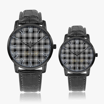 Menzies Black and White Tartan Personalized Your Text Leather Trap Quartz Watch