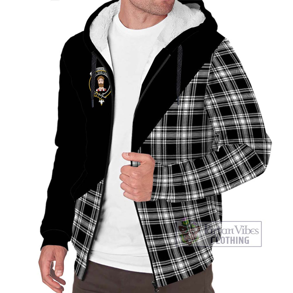 Menzies Black and White Tartan Sherpa Hoodie with Family Crest and Military Logo Style Unisex S - Tartanvibesclothing Shop