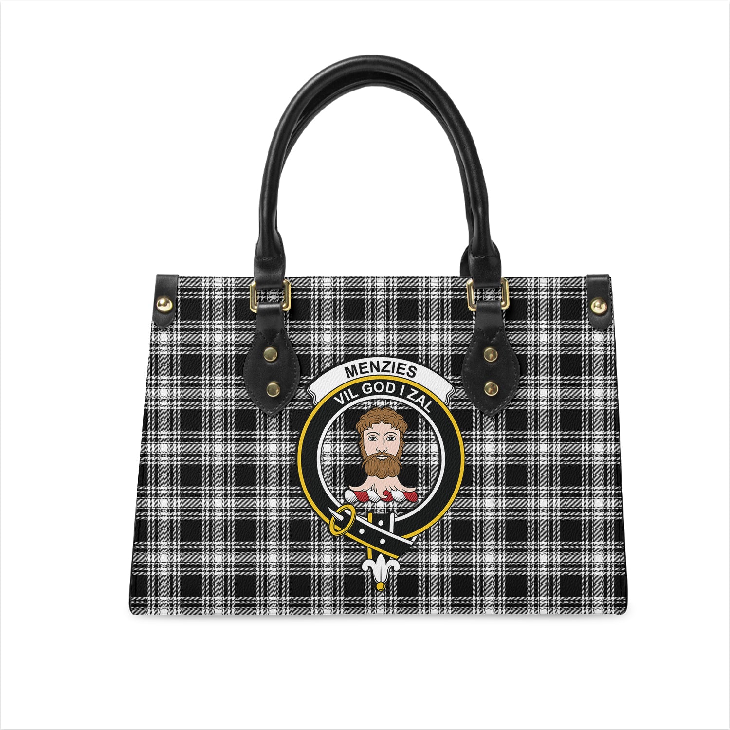 menzies-black-and-white-tartan-leather-bag-with-family-crest