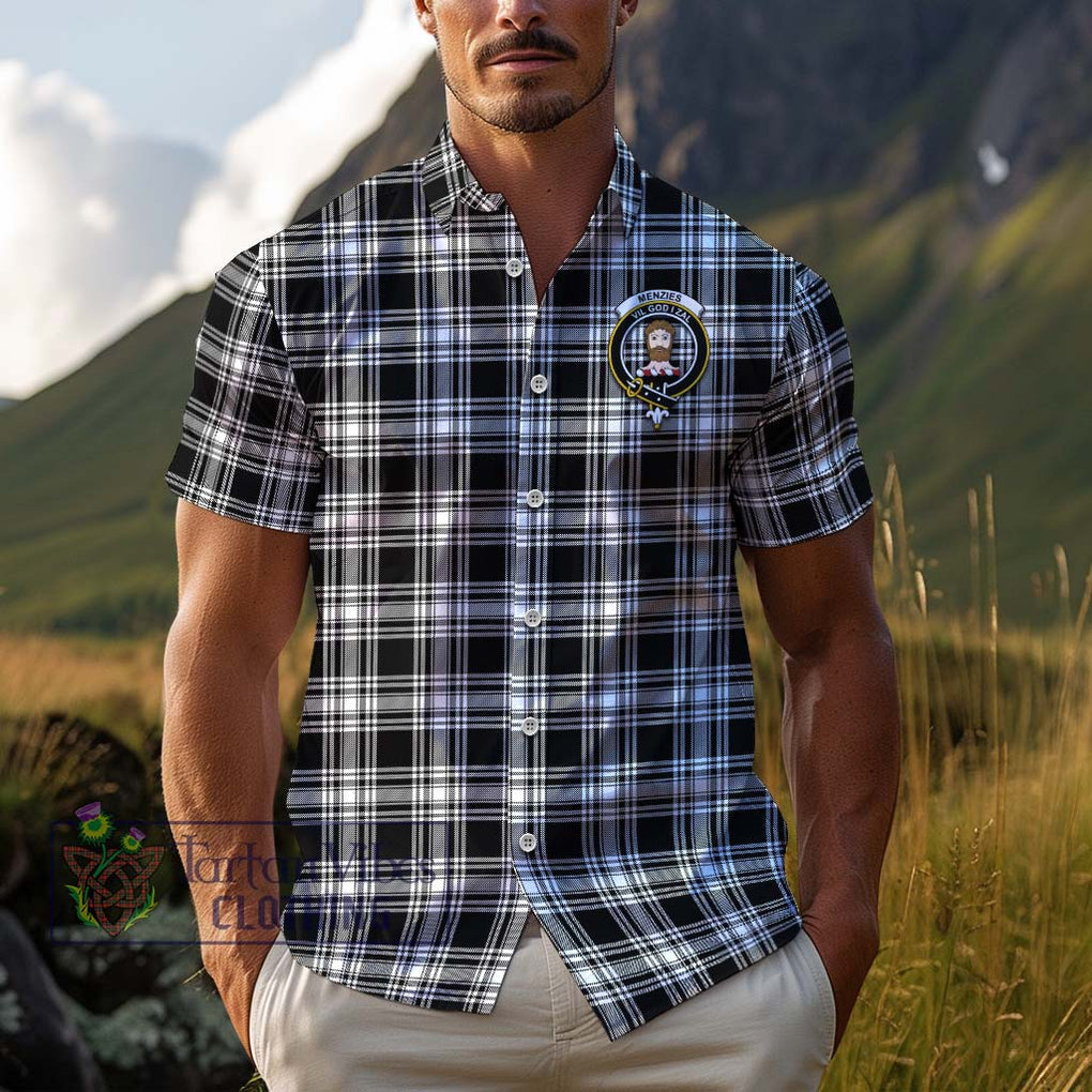 Menzies Black and White Tartan Cotton Hawaiian Shirt with Family Crest Adult - Tartan Vibes Clothing