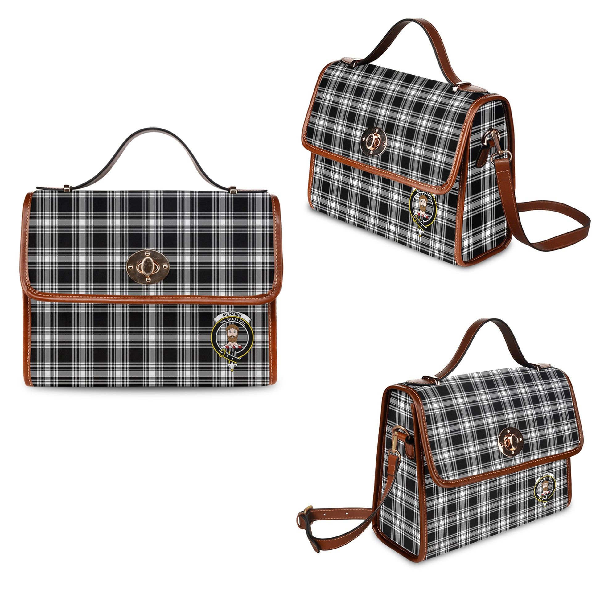 menzies-black-and-white-tartan-leather-strap-waterproof-canvas-bag-with-family-crest