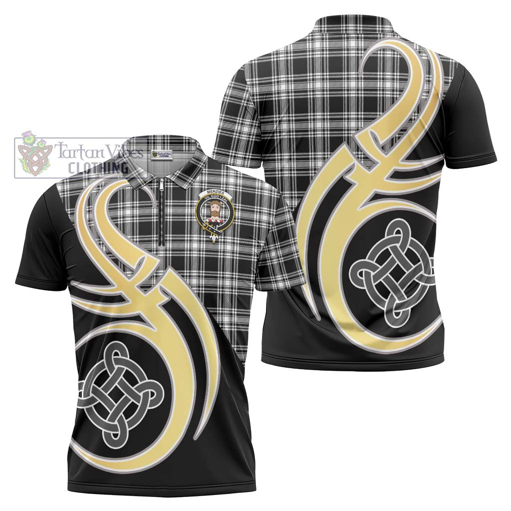 Tartan Vibes Clothing Menzies Black and White Tartan Zipper Polo Shirt with Family Crest and Celtic Symbol Style