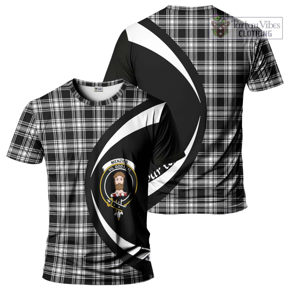 Tartan Vibes Clothing Menzies Black and White Tartan T-Shirt with Family Crest Circle Style