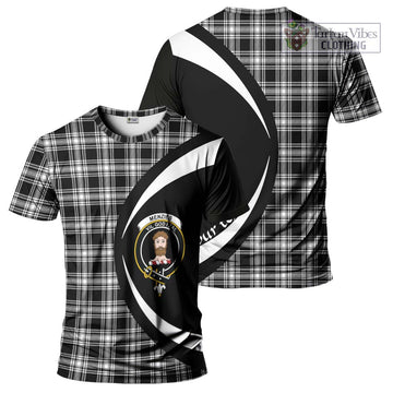 Menzies Black and White Tartan T-Shirt with Family Crest Circle Style