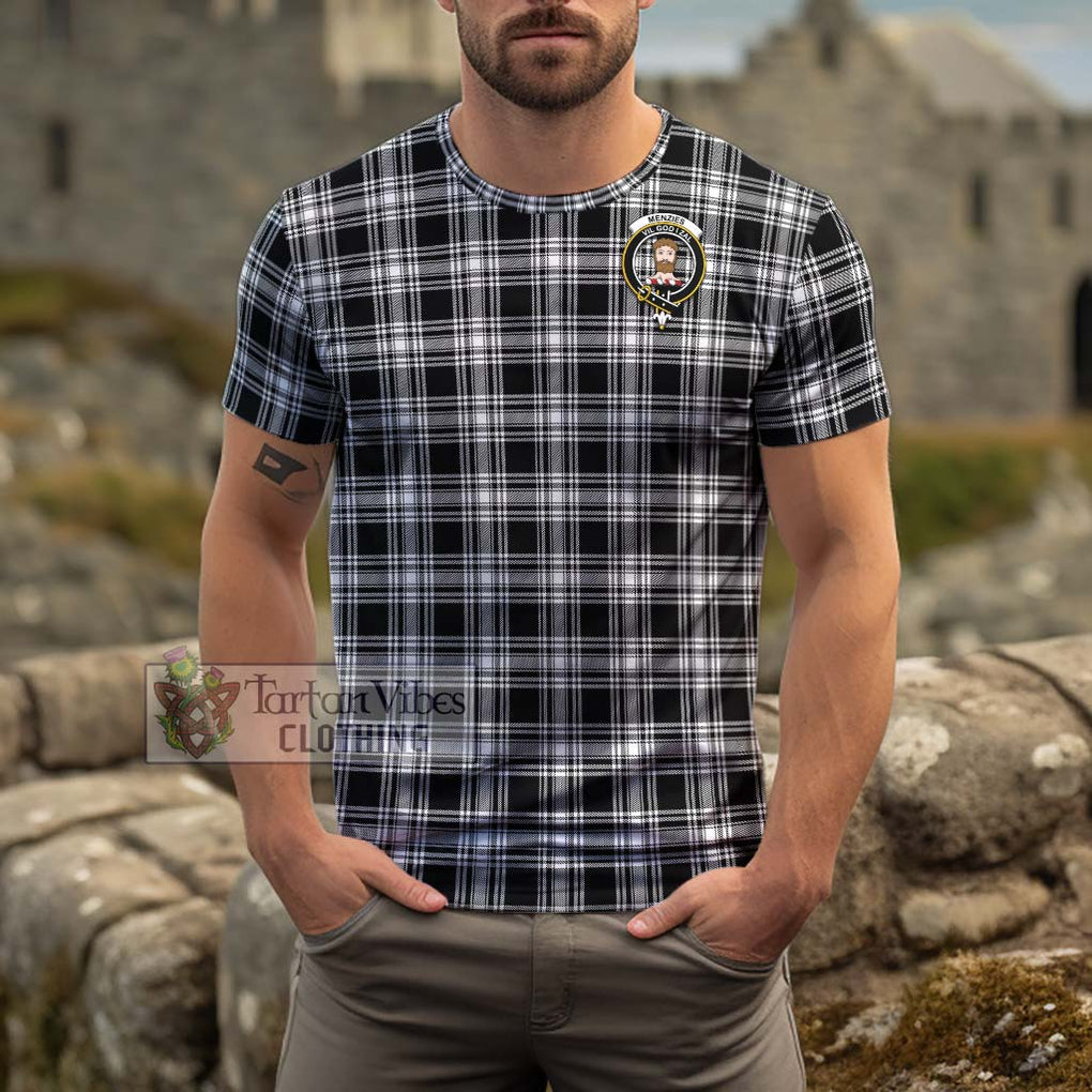 Menzies Black and White Tartan Cotton T-Shirt with Family Crest Men's Shirt - Tartanvibesclothing Shop