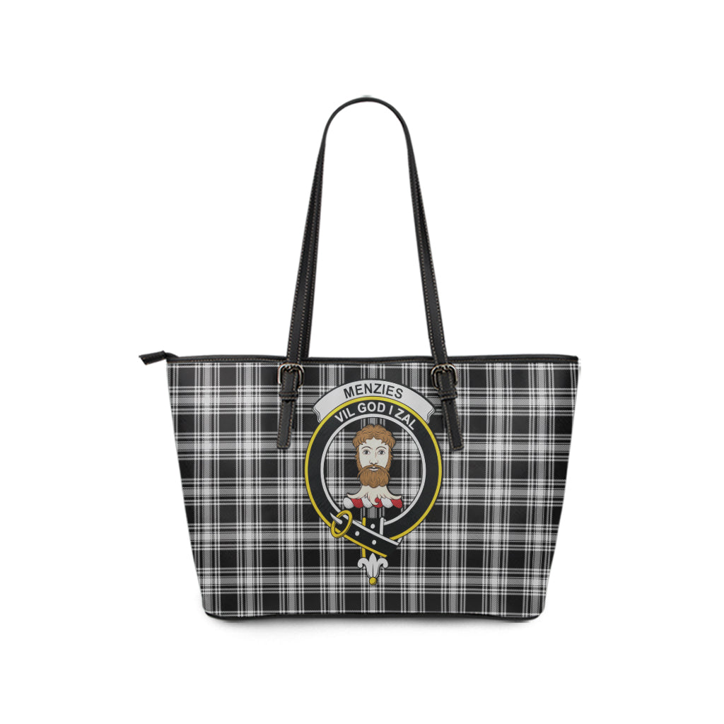 Menzies Black and White Tartan Leather Tote Bag with Family Crest - Tartan Vibes Clothing