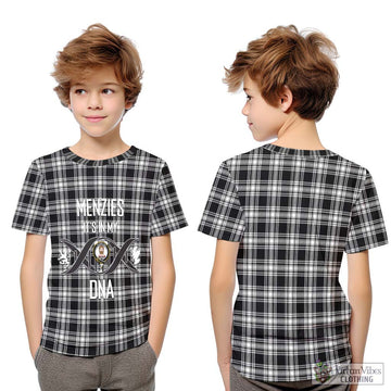 Menzies Black and White Tartan Kid T-Shirt with Family Crest DNA In Me Style